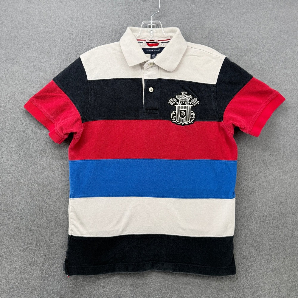 Tommy Hilfiger Mens Trim Fit Colorblock Stripe Crest Polo Shirt S Red White Blue